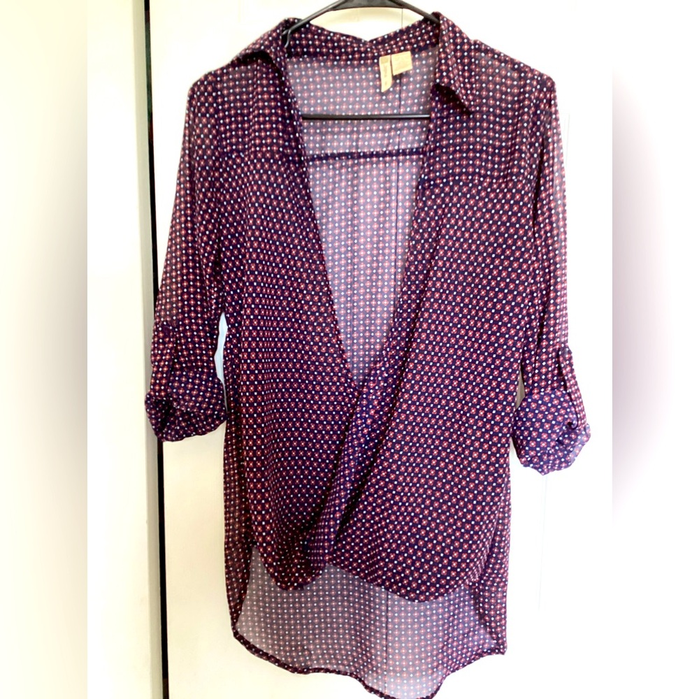 Japna Womens Blue Red Geometric Long Sleeve Blouse